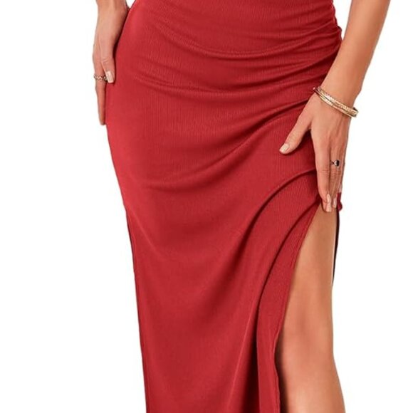 Women's Ribbed Knit Long Dress Spaghetti Strap Wrap Side Split Bodycon - Picture 2 of 6